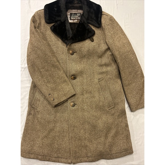 Sears Other - Vtg Sears Herringbone Wool Blend Coat Mens‎ Large Faux Fur Collar Lined 60s 70s